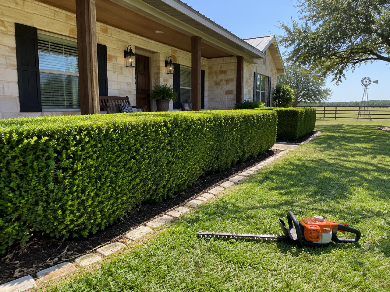 Neatly trimmed hedges along the front of a Texas home (illustrative image)