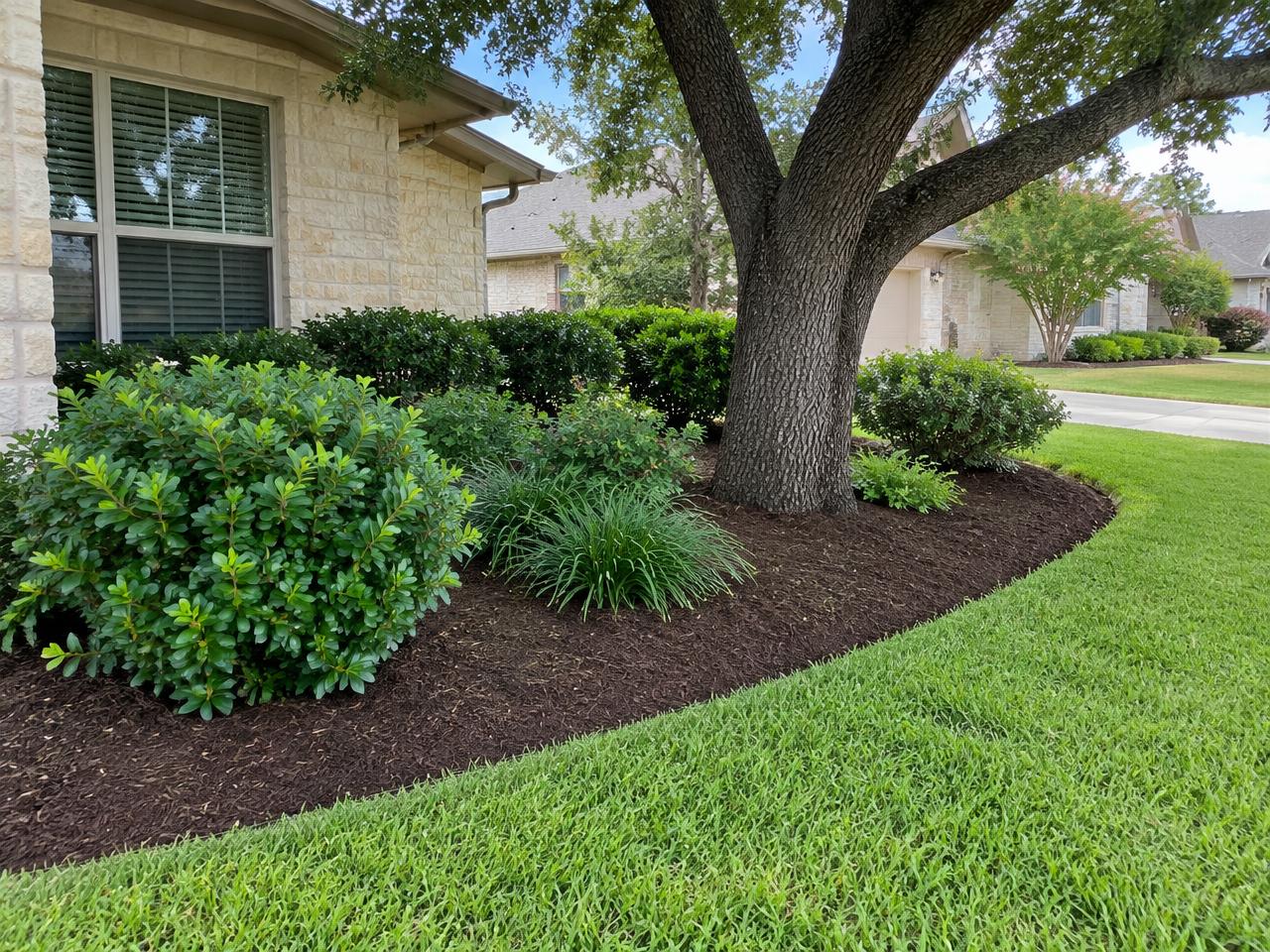 Fresh brown mulch bed around shrubs and a live oak (illustrative image)