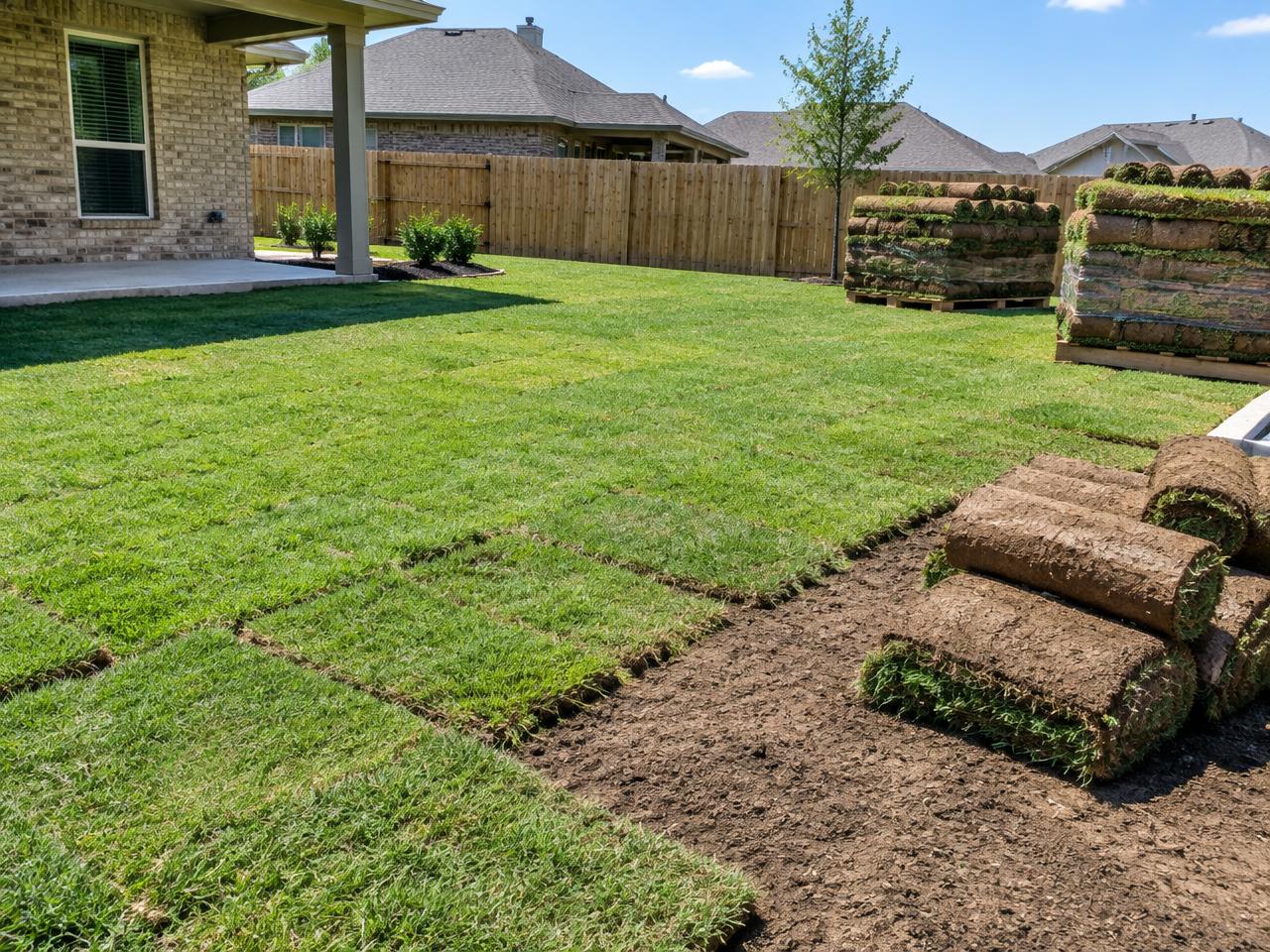 Rolls of fresh sod being laid in a residential backyard (illustrative image)